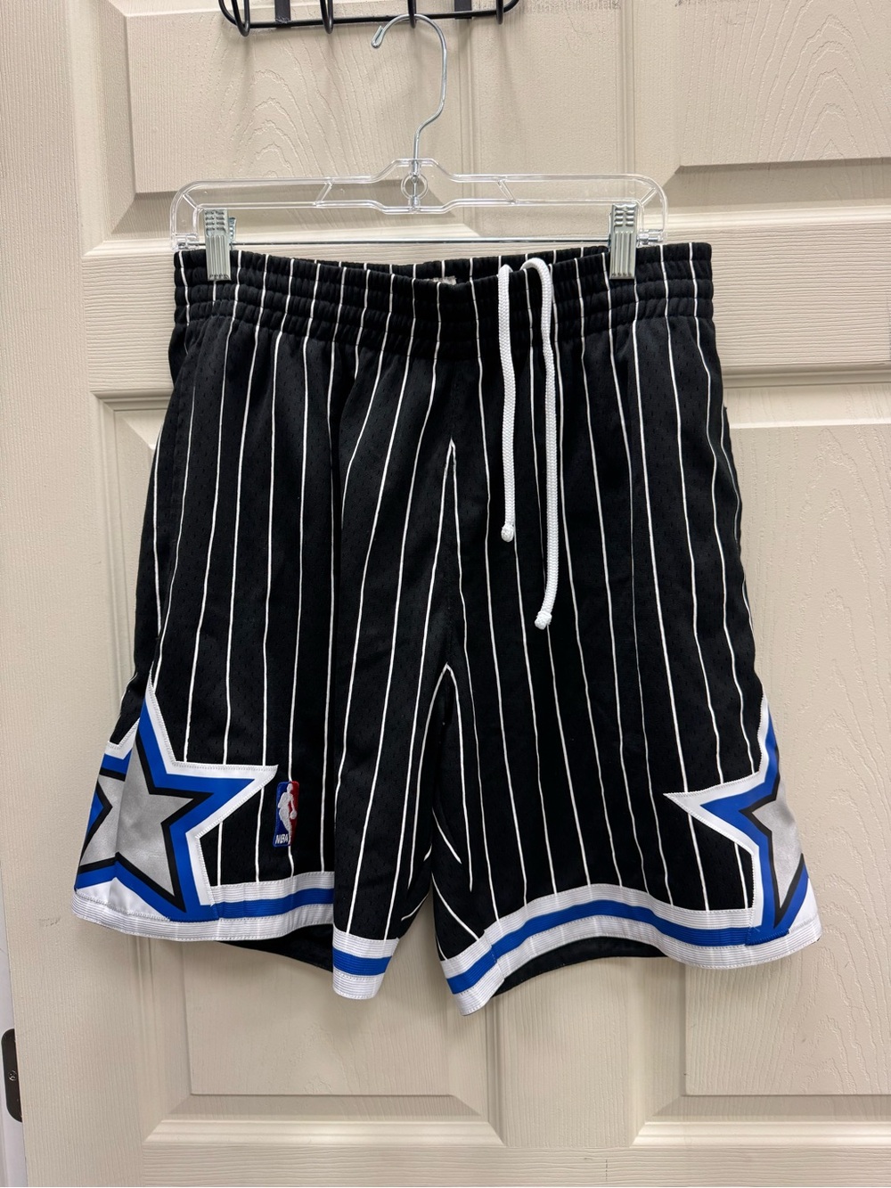 Mitchell & Ness Black Pinstripe Basketball Shorts with Blue & White Star Trim
